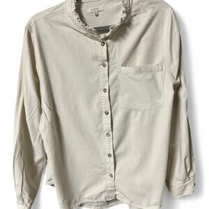 Size Medium cream corduroy button up blouse w ruffled band collar